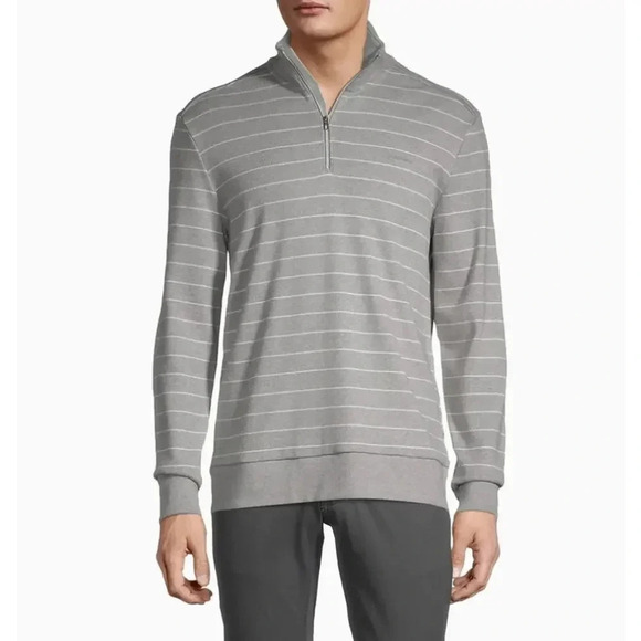 Calvin Klein Quarter-Zip Sweatshirt Liquid Touch Regular Fit Stripe Gray Mens M - Picture 1 of 11